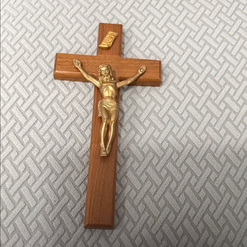 Antique Vintage Wood Wooden Wall Crucifix Brass INRI Catholic Christian Cross